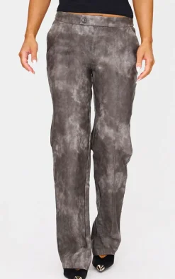 Washed Black Faux Leather Pintuck Detail Straight Leg Pants