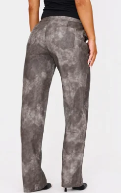 Washed Black Faux Leather Pintuck Detail Straight Leg Pants