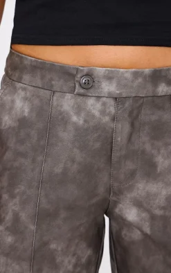 Washed Black Faux Leather Pintuck Detail Straight Leg Pants