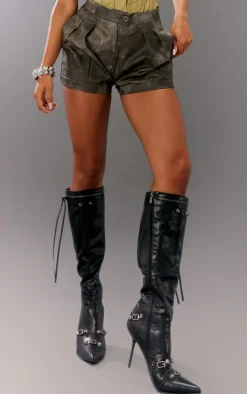 Washed Black Faux Leather Pleat Detail Shorts