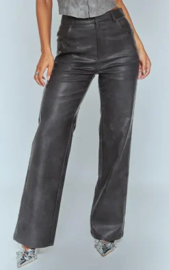Washed Black Faux Leather Straight Leg Pants