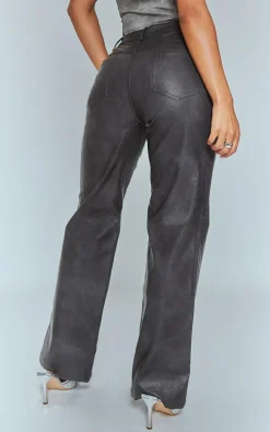 Washed Black Faux Leather Straight Leg Pants