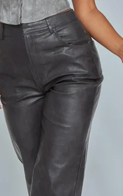Washed Black Faux Leather Straight Leg Pants