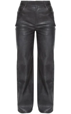 Washed Black Faux Leather Straight Leg Pants