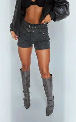 Washed Black Faux Leather Belted Shorts