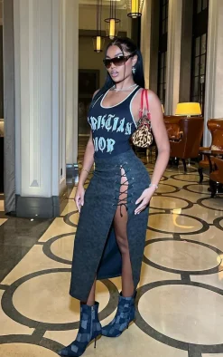 Washed Black Faux Leather Lace Up Midi Skirt