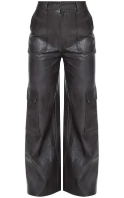 Washed Black Faux Leather Pocket Wide Leg Cargo Pants