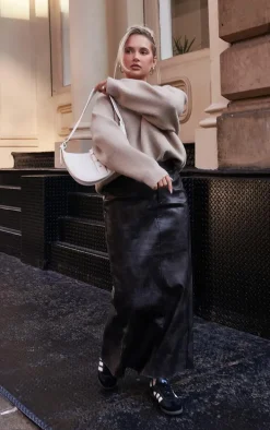 Washed Black Faux Leather Maxi Skirt