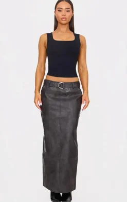 Washed Black Faux Leather Belted Maxi Skirt