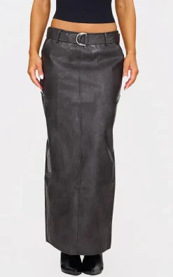 Washed Black Faux Leather Belted Maxi Skirt