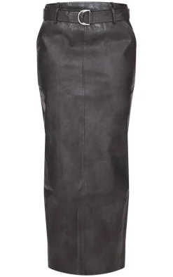 Washed Black Faux Leather Belted Maxi Skirt