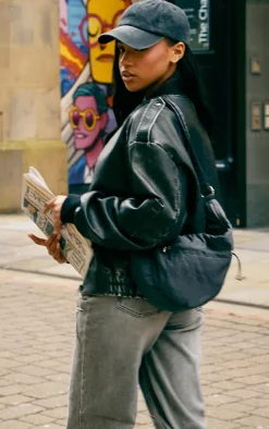 Washed Black Faux Leather Distressed Zip Detail Bomber Jacket