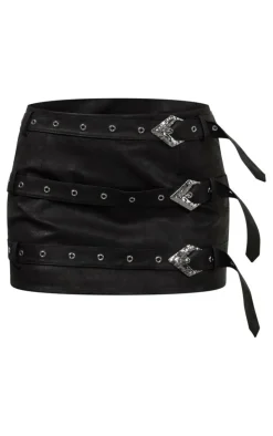 Washed Black Faux Leather Belt Detail Mini Skirt