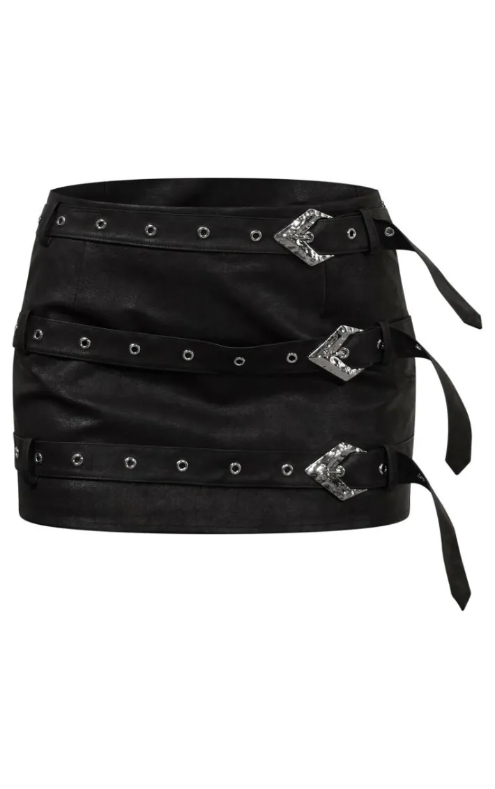 Washed Black Faux Leather Belt Detail Mini Skirt
