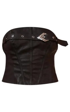 Washed Black Faux Leather Belt Detail Corset