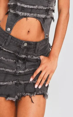 Washed Black Frayed Seam Detail Mini Denim Skirt