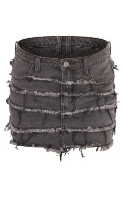 Washed Black Frayed Seam Detail Mini Denim Skirt