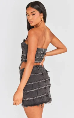 Washed Black Frayed Seam Detail Denim Corset