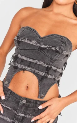 Washed Black Frayed Seam Detail Denim Corset