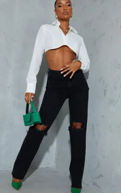 Washed Black High Rise Ripped Straight Leg Jeans