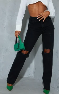 Washed Black High Rise Ripped Straight Leg Jeans