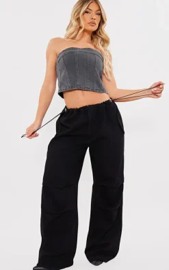 Washed Black Low Rise Elastic Waist Tuck Detailed Slouchy Jeans