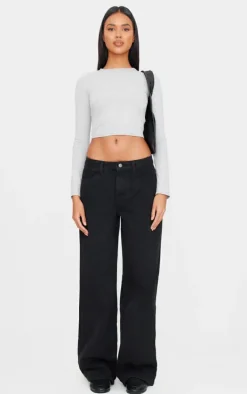 Washed Black Low Rise Wide Leg Jean