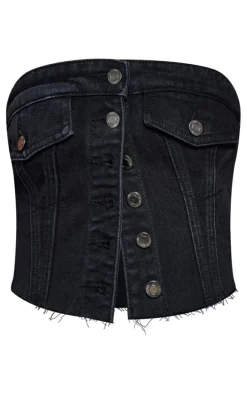Washed Black Pocket Detail Cropped Denim Corset Top
