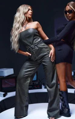 Washed Black PU Utility Style Bandeau Jumpsuit