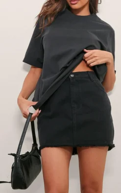 Washed Black Raw Hem Denim Mini Skirt