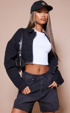Washed Black Raw Hem Longline Denim Mom Shorts