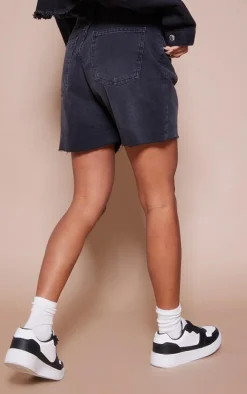 Washed Black Raw Hem Longline Denim Mom Shorts