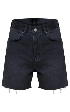 Washed Black Raw Hem Longline Denim Mom Shorts