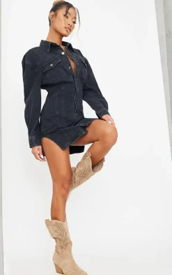 Washed Black Seam Detail Long Sleeve Denim Dress