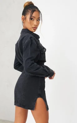 Washed Black Seam Detail Long Sleeve Denim Dress