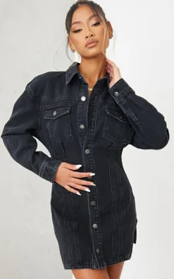 Washed Black Seam Detail Long Sleeve Denim Dress