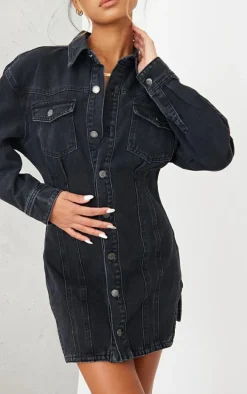 Washed Black Seam Detail Long Sleeve Denim Dress
