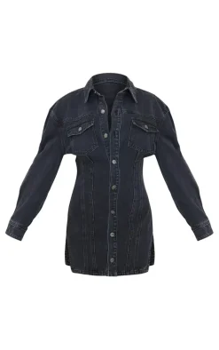 Washed Black Seam Detail Long Sleeve Denim Dress