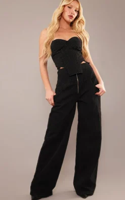 Washed Black Seam Detail Corset Denim Top