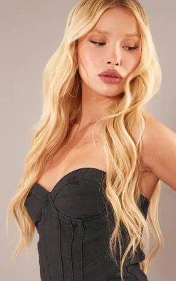 Washed Black Seam Detail Corset Denim Top