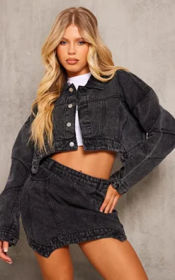 Washed Black Seam Detail Asymmetric Denim Mini Skirt