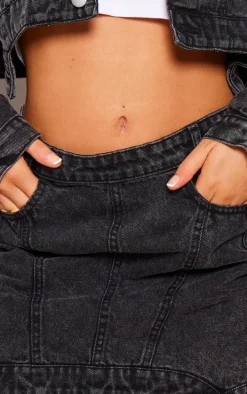 Washed Black Seam Detail Asymmetric Denim Mini Skirt