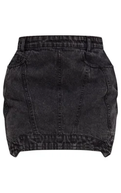 Washed Black Seam Detail Asymmetric Denim Mini Skirt