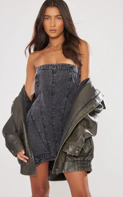 Washed Black Seam Detail Asymmetric Denim Mini Dress