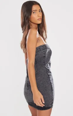 Washed Black Seam Detail Asymmetric Denim Mini Dress