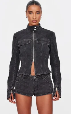 Washed Black Seam Detail Longline Fitted Racer Denim Jacket