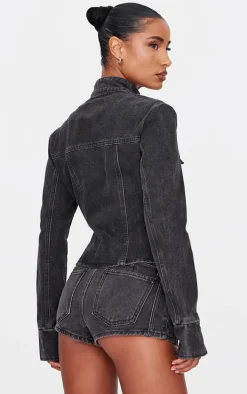 Washed Black Seam Detail Longline Fitted Racer Denim Jacket