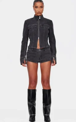 Washed Black Seam Detail Denim Hotpants