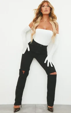 Washed Black Slash Knee Long Leg Straight Leg Jeans