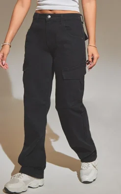 Washed Black Slim Fit Cargo Pocket Boyfriend Jeans
